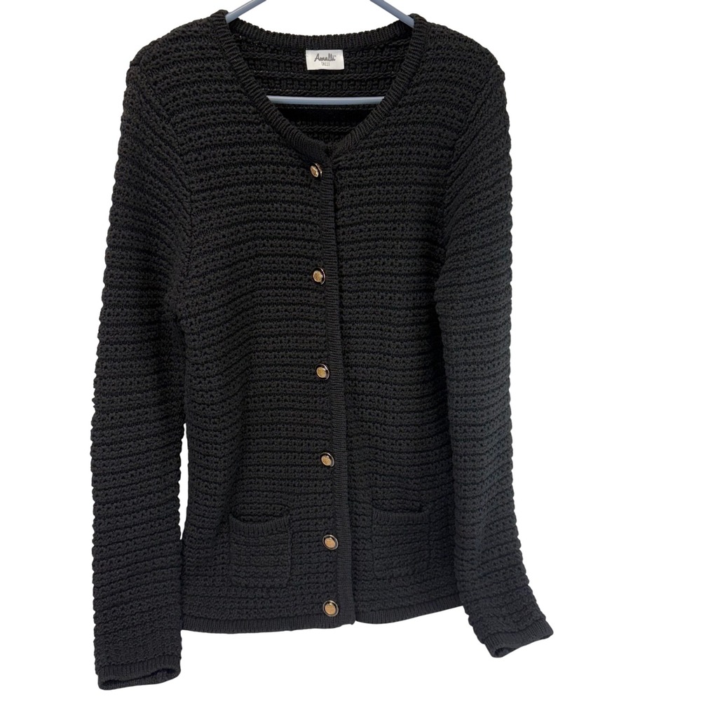 Amalli Talli Cardigan Women L Black Sweater Textured Knit Gold Button